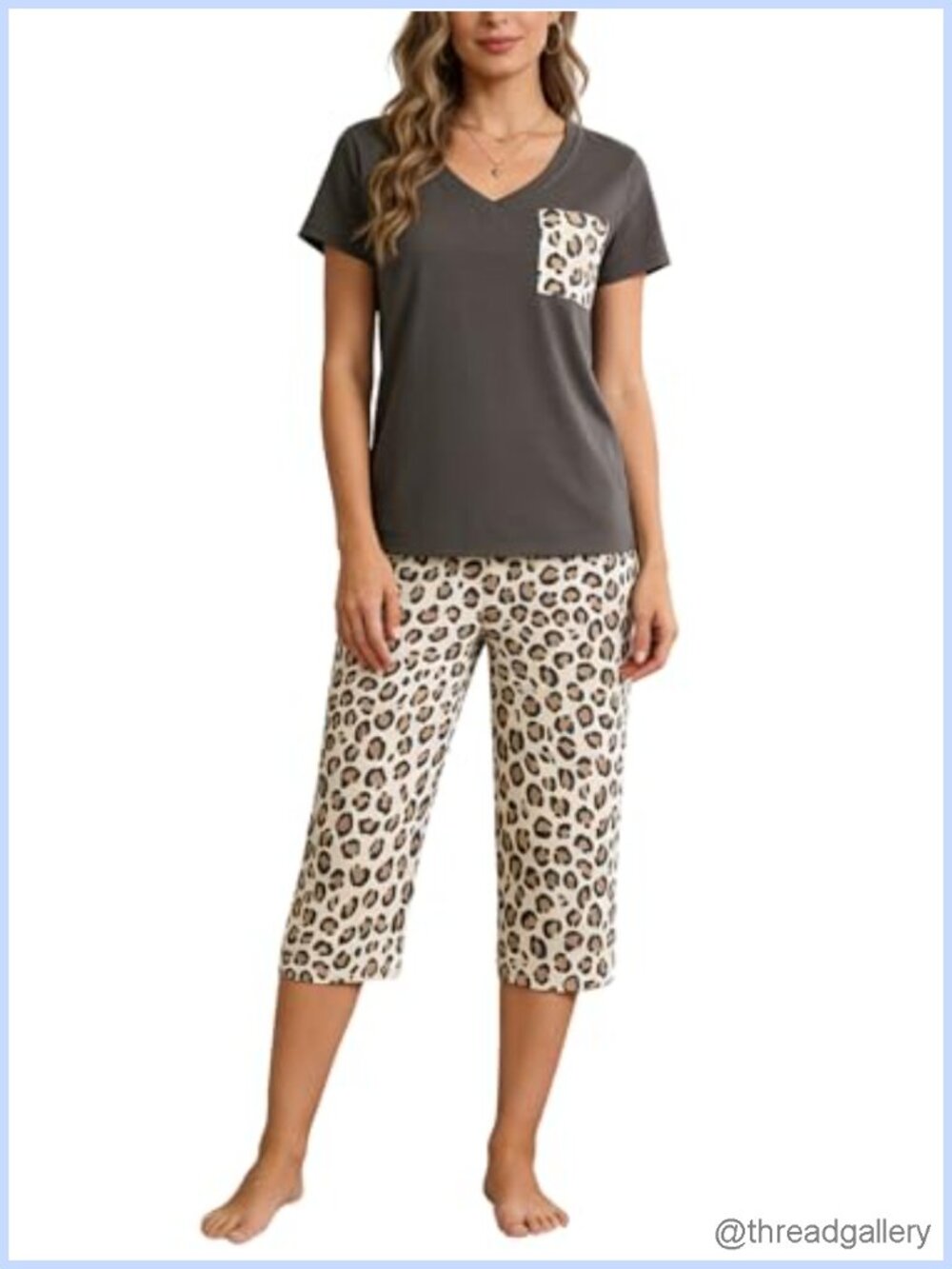Women's 2 Piece Pajama Set V Neck Short Sleeve Top Capri Pants Lounge Sleepwear